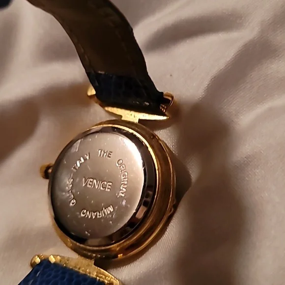 Murano Glass Millefiori Luxury Goldtone Women's Watch with Blue Leather Band